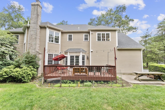 7 Beaver Brook Ln, Shelton, CT 06484 - rear view of house featuring a wooden deck, a yard, a patio area, and a chimney