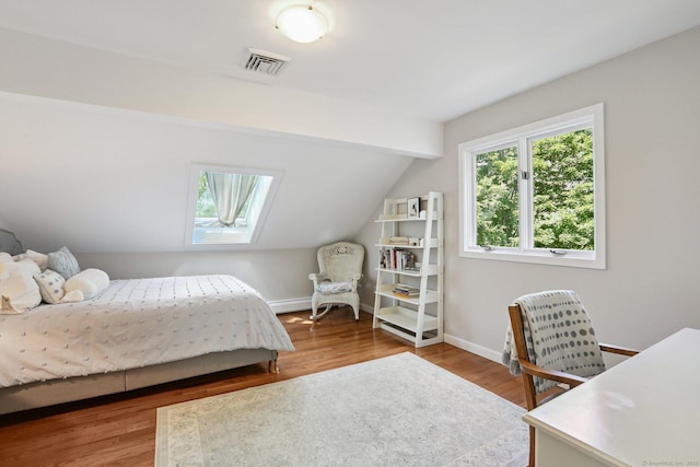 223 N St, Ridgefield, CT 06877 - bedroom with lofted ceiling, wood finished floors, a skylight, and a baseboard heating unit