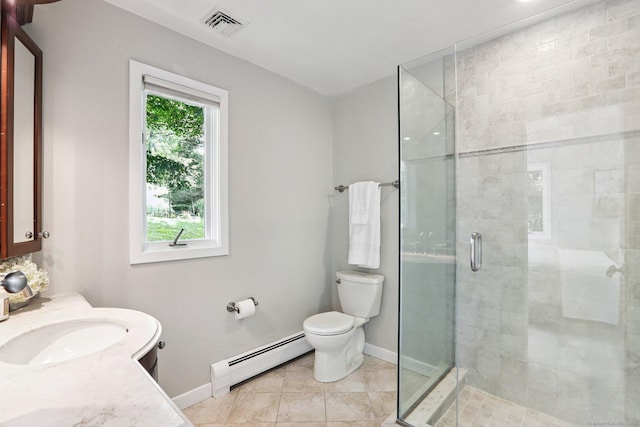 223 N St, Ridgefield, CT 06877 - full bathroom featuring a baseboard heating unit, a stall shower, vanity, and tile patterned flooring