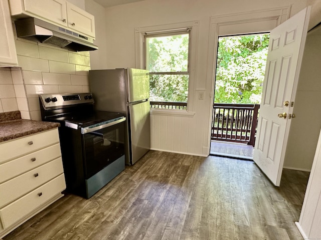 310 Bond St, Bridgeport, CT 06610 - kitchen with stainless steel range with electric stovetop, under cabinet range hood, dark wood-style flooring, and dark countertops
