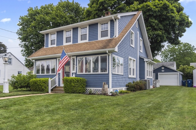 30 New Britain Rd, Old Lyme, CT 06371 - view of front of home with roof with shingles, a front yard, a garage, and a chimney