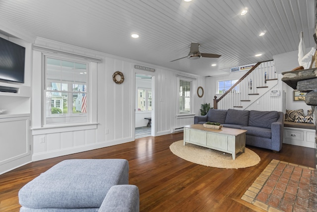 30 New Britain Rd, Old Lyme, CT 06371 - living area with stairway, hardwood / wood-style flooring, ceiling fan, ornamental molding, and recessed lighting