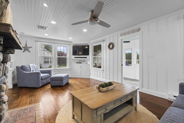 30 New Britain Rd, Old Lyme, CT 06371 - living area featuring a decorative wall, wood-type flooring, a ceiling fan, wood ceiling, and recessed lighting