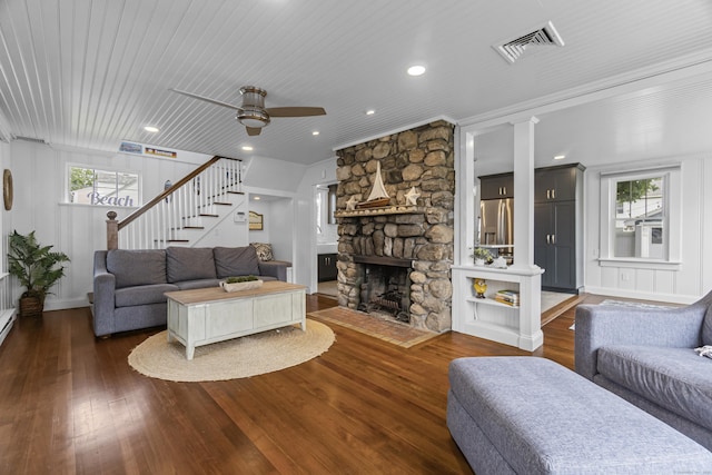 30 New Britain Rd, Old Lyme, CT 06371 - living area featuring dark wood-style flooring, ceiling fan, a stone fireplace, stairway, and recessed lighting