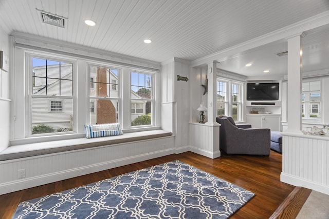 30 New Britain Rd, Old Lyme, CT 06371 - living area with decorative columns, ornamental molding, wood finished floors, and recessed lighting