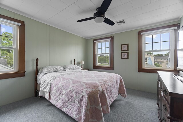 30 New Britain Rd, Old Lyme, CT 06371 - carpeted bedroom featuring ornamental molding, ceiling fan, and wood walls