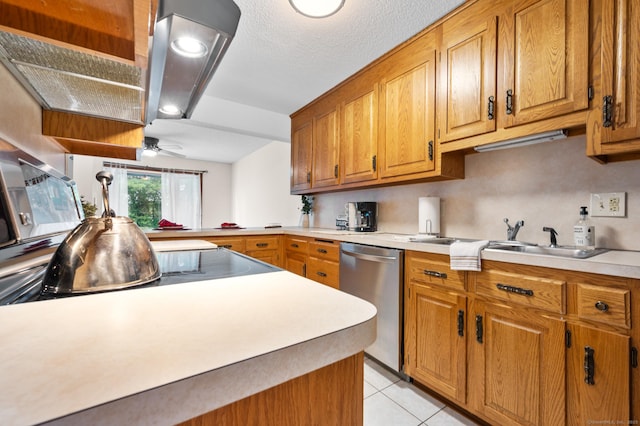 1325 Farmington Ave Apt 11, Bristol, CT 06010 - kitchen with dishwasher, brown cabinetry, light countertops, a ceiling fan, and light tile patterned flooring