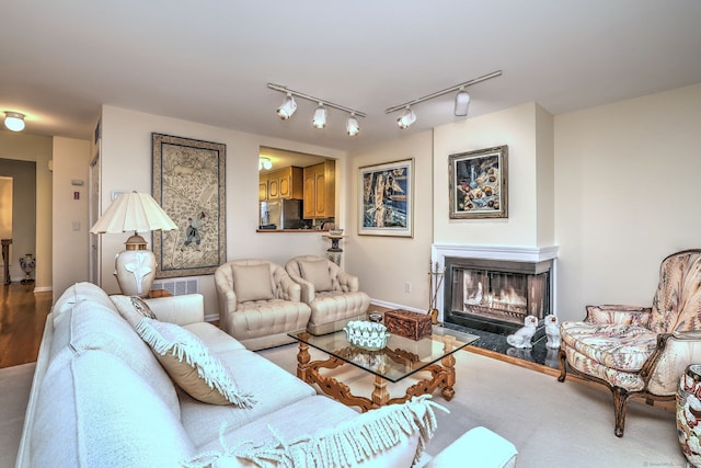 2 Old Town Hwy Unit 45, East Haven, CT 06512 - living room featuring a fireplace with flush hearth and track lighting