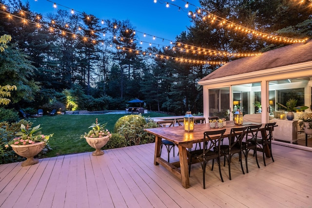 341 W Mountain Rd, Simsbury, CT 06092 - wooden deck featuring outdoor dining area, a yard, and a sunroom