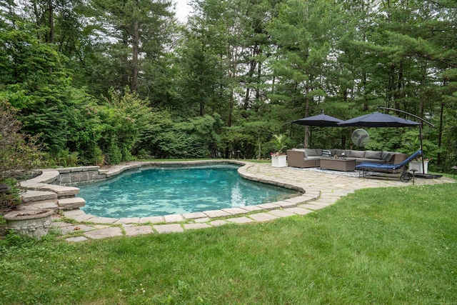 341 W Mountain Rd, Simsbury, CT 06092 - swimming pool featuring an outdoor living space, a patio, and a lawn