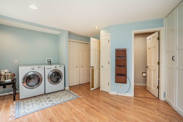 341 W Mountain Rd, Simsbury, CT 06092 - laundry room with separate washer and dryer, light wood finished floors, and recessed lighting