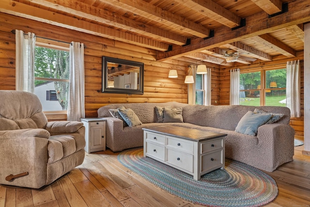 40 Devonshire Dr, Waterford, CT 06385 - living room featuring light wood finished floors, rustic walls, a wooden ceiling with exposed beams, and healthy amount of natural light