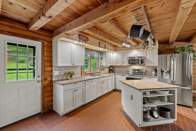 40 Devonshire Dr, Waterford, CT 06385 - kitchen featuring appliances with stainless steel finishes, a wood ceiling with exposed beams, open shelves, healthy amount of natural light, and backsplash