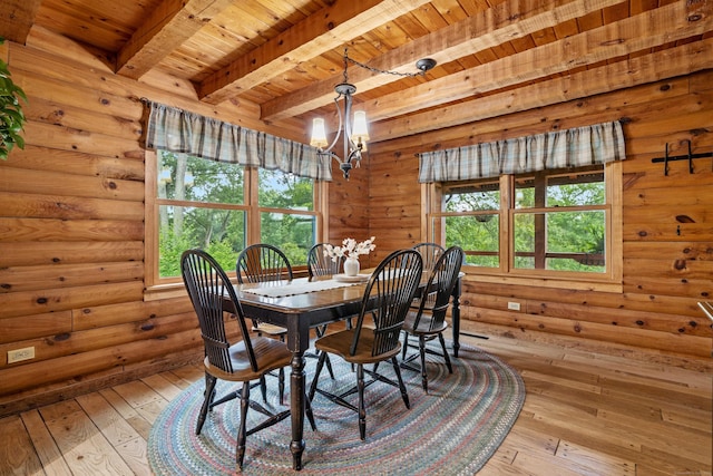 40 Devonshire Dr, Waterford, CT 06385 - dining room with a wood ceiling with exposed beams, a chandelier, hardwood / wood-style floors, and log walls