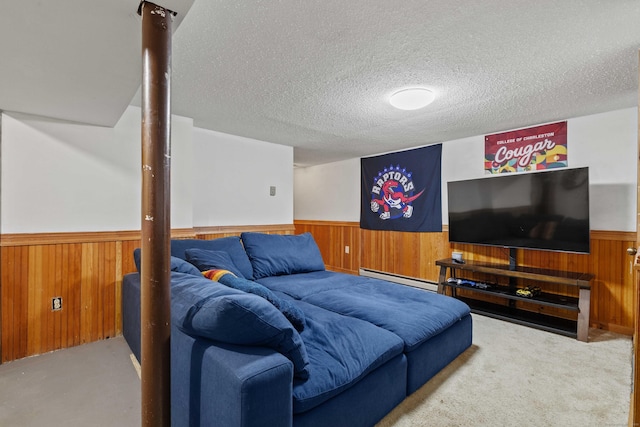 40 Devonshire Dr, Waterford, CT 06385 - living room with wainscoting, wooden walls, a baseboard radiator, and a textured ceiling