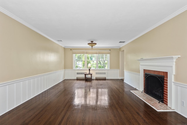 5338 Main St, Trumbull, CT 06611 - unfurnished living room with radiator heating unit, a fireplace, dark wood-style flooring, a wainscoted wall, and crown molding