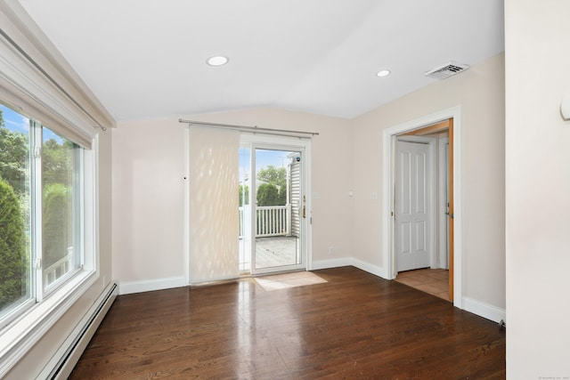5338 Main St, Trumbull, CT 06611 - unfurnished room with a baseboard heating unit, plenty of natural light, wood finished floors, vaulted ceiling, and recessed lighting