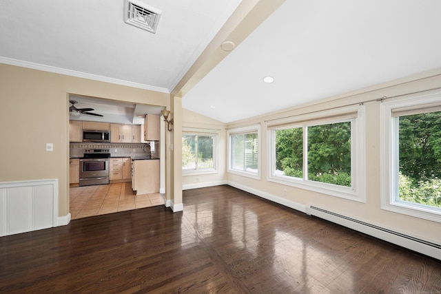 5338 Main St, Trumbull, CT 06611 - unfurnished living room featuring vaulted ceiling, light wood-type flooring, a baseboard heating unit, crown molding, and ceiling fan