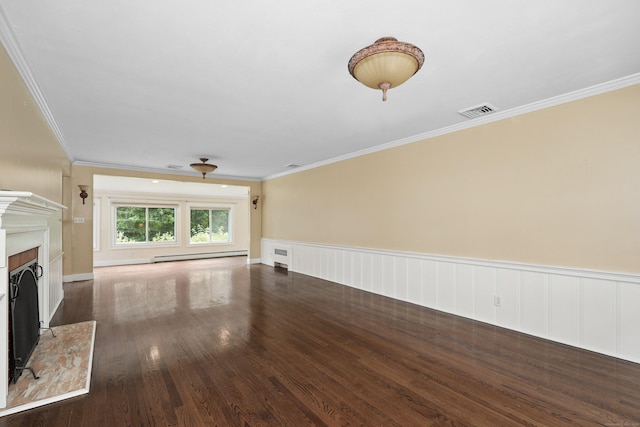 5338 Main St, Trumbull, CT 06611 - unfurnished living room with a baseboard heating unit, dark wood-style flooring, ornamental molding, a fireplace with raised hearth, and a wainscoted wall