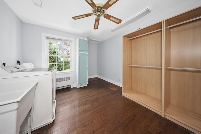 5338 Main St, Trumbull, CT 06611 - washroom with radiator heating unit, washer and dryer, dark wood-style flooring, and a ceiling fan