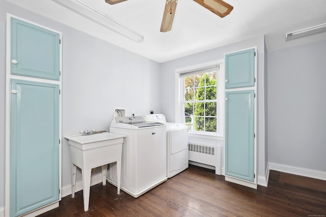 5338 Main St, Trumbull, CT 06611 - washroom with radiator heating unit, separate washer and dryer, dark wood-type flooring, and ceiling fan