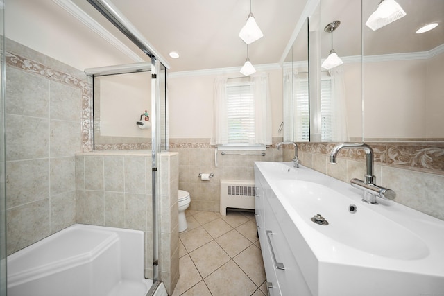 5338 Main St, Trumbull, CT 06611 - full bathroom featuring radiator, a stall shower, tile walls, double vanity, and tile patterned flooring