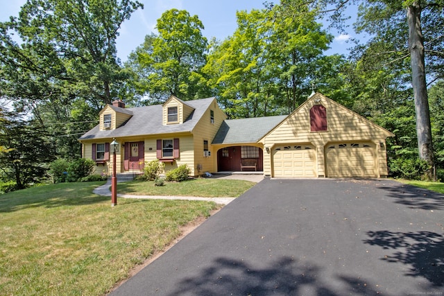 841 S Curtis St, Meriden, CT 06450 - cape cod-style house featuring an attached garage, a front yard, asphalt driveway, and a chimney