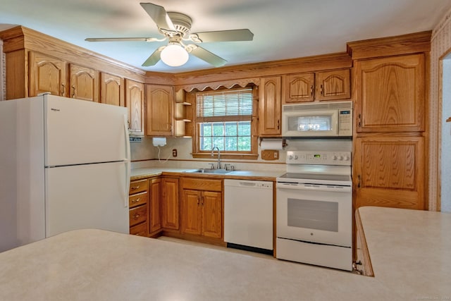 841 S Curtis St, Meriden, CT 06450 - kitchen featuring white appliances, light countertops, ceiling fan, open shelves, and brown cabinetry