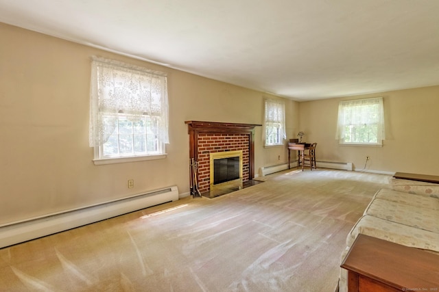 841 S Curtis St, Meriden, CT 06450 - unfurnished living room featuring a baseboard heating unit, carpet floors, and a brick fireplace