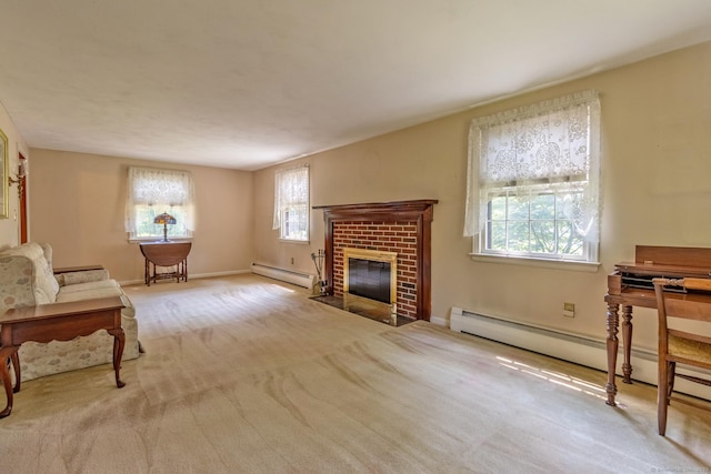 841 S Curtis St, Meriden, CT 06450 - carpeted living room featuring a baseboard radiator and a brick fireplace
