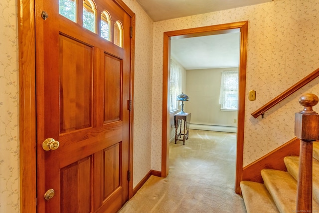 841 S Curtis St, Meriden, CT 06450 - entrance foyer with a baseboard radiator, light colored carpet, plenty of natural light, wallpapered walls, and stairway