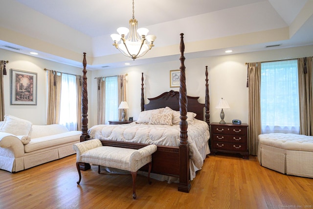 20 Portage Xing, Farmington, CT 06032 - bedroom with a raised ceiling, a chandelier, light wood finished floors, and recessed lighting