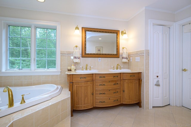 20 Portage Xing, Farmington, CT 06032 - bathroom featuring tile walls, double vanity, tile patterned flooring, a bath, and a closet