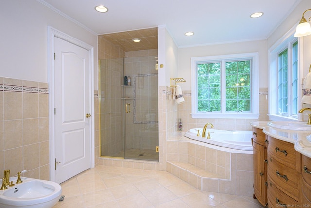 20 Portage Xing, Farmington, CT 06032 - full bathroom with tile walls, vanity, a stall shower, tile patterned floors, and a bath