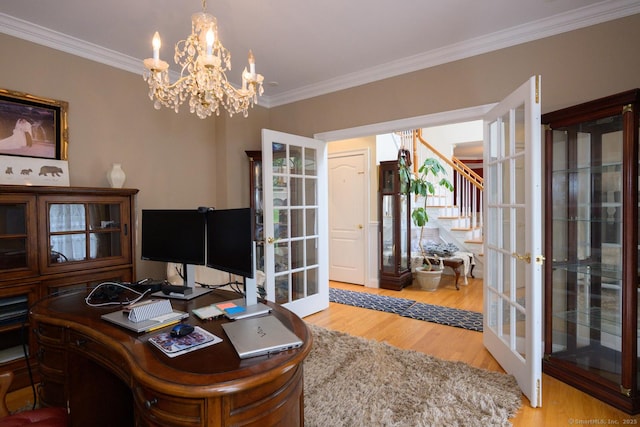 20 Portage Xing, Farmington, CT 06032 - office space with french doors, a chandelier, wood finished floors, and crown molding