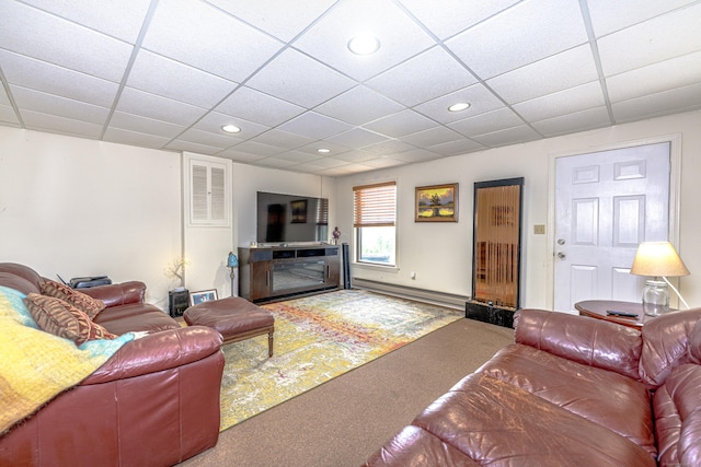 708 Lake Vista Dr Unit 708, East Hampton, CT 06424 - carpeted living area with a baseboard heating unit, recessed lighting, and a paneled ceiling