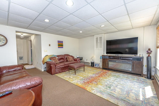 708 Lake Vista Dr Unit 708, East Hampton, CT 06424 - carpeted living room featuring recessed lighting, a baseboard radiator, and a paneled ceiling