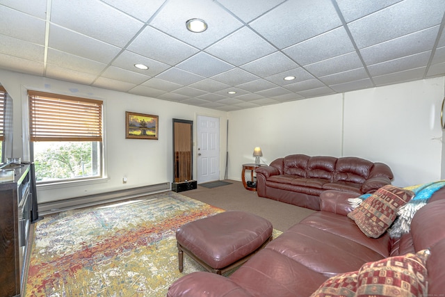 708 Lake Vista Dr Unit 708, East Hampton, CT 06424 - living room with baseboard heating, carpet flooring, recessed lighting, and a paneled ceiling