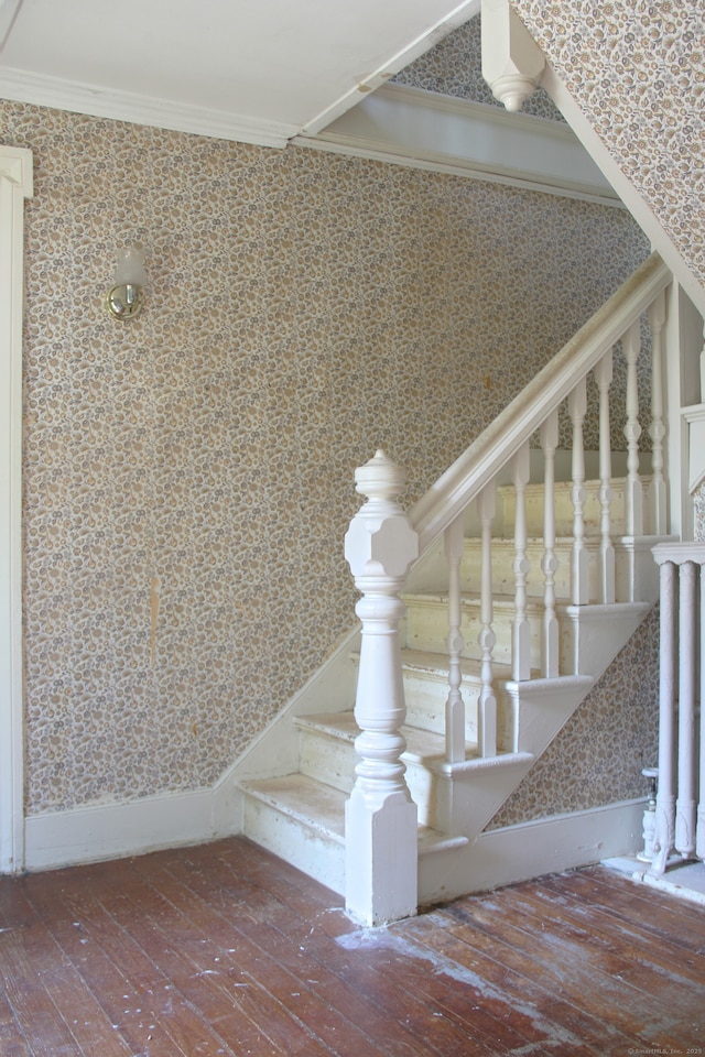 940 Saybrook Rd, Haddam, CT 06438 - staircase with hardwood / wood-style floors, wallpapered walls, and crown molding