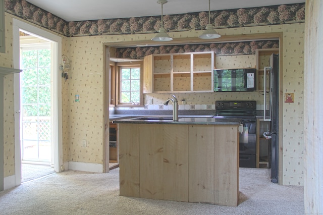 940 Saybrook Rd, Haddam, CT 06438 - kitchen featuring black appliances, light colored carpet, a center island with sink, light brown cabinets, and dark countertops
