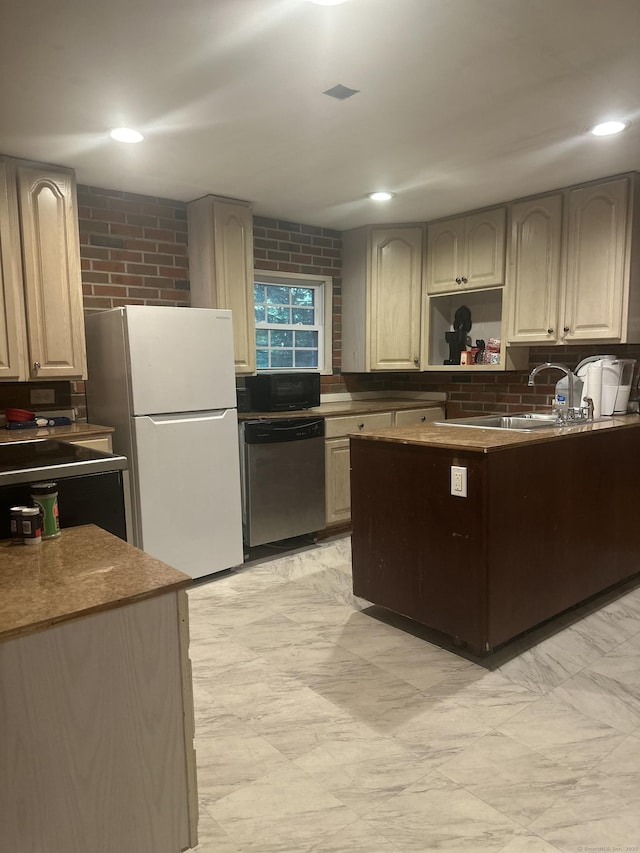 25 Goose Green Rd, Barkhamsted, CT 06063 - kitchen featuring stainless steel dishwasher, freestanding refrigerator, black microwave, and decorative backsplash