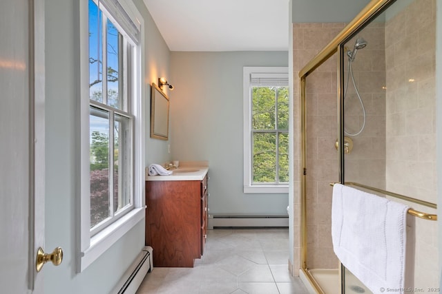 2 Ashby St, Groton, CT 06355 - bathroom with a baseboard radiator, vanity, a stall shower, tile patterned floors, and a baseboard heating unit