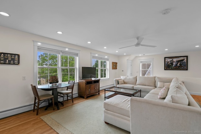 2 Ashby St, Groton, CT 06355 - living room with baseboard heating, light wood-style flooring, a ceiling fan, and recessed lighting