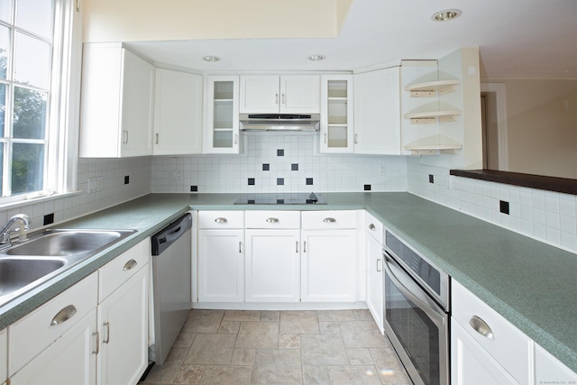 53 Haviland St, Bristol, CT 06010 - kitchen featuring appliances with stainless steel finishes, open shelves, under cabinet range hood, white cabinetry, and recessed lighting