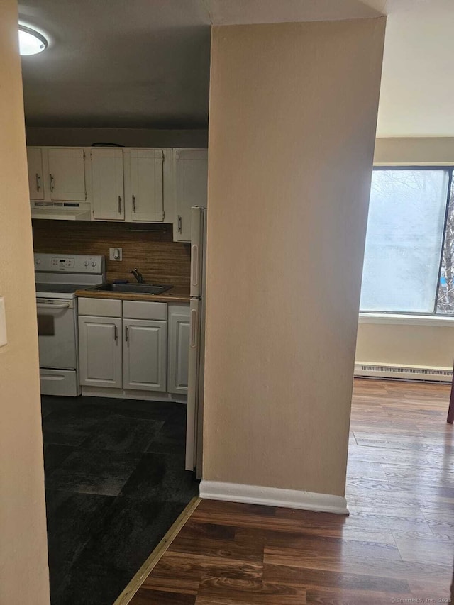 356 Franklin Ave Apt C1, Hartford, CT 06114 - kitchen featuring white appliances, under cabinet range hood, white cabinets, and a baseboard radiator