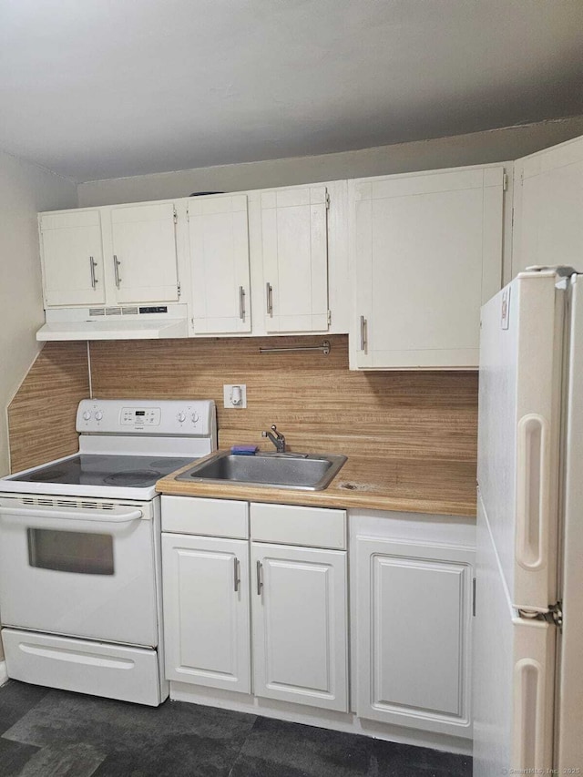 356 Franklin Ave Apt C1, Hartford, CT 06114 - kitchen featuring white appliances, under cabinet range hood, white cabinets, and decorative backsplash