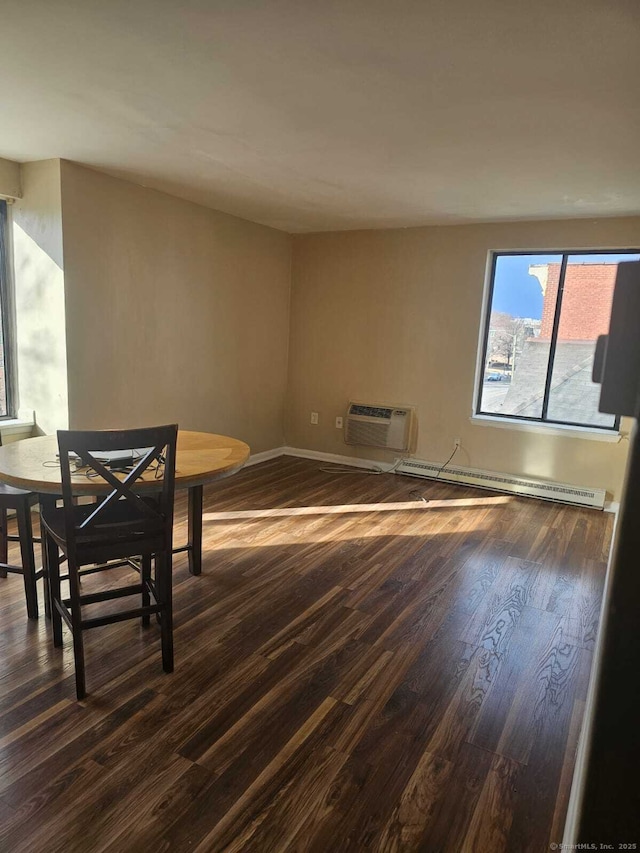 356 Franklin Ave Apt C1, Hartford, CT 06114 - unfurnished dining area featuring a wall mounted air conditioner, a baseboard radiator, and dark wood-style floors
