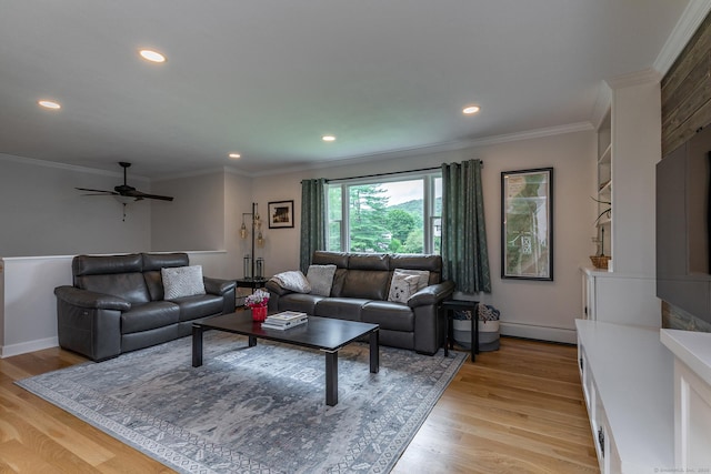 28 Musket Ridge Rd, New Fairfield, CT 06812 - living area with a ceiling fan, light wood-style floors, recessed lighting, crown molding, and a baseboard heating unit
