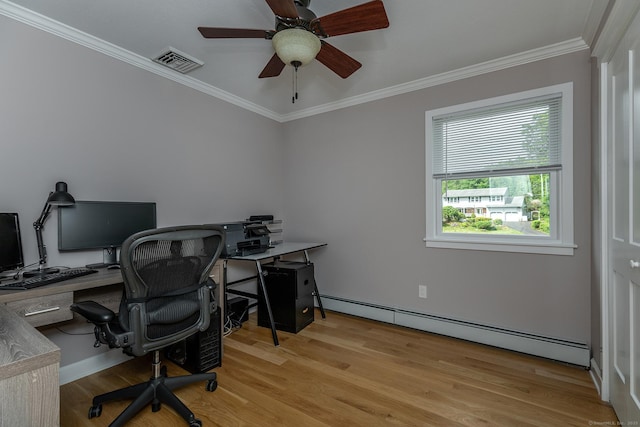 28 Musket Ridge Rd, New Fairfield, CT 06812 - office area with a baseboard heating unit, light wood-type flooring, ornamental molding, and ceiling fan