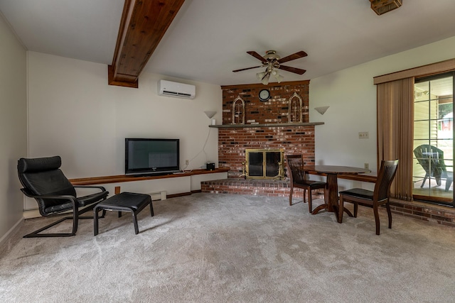 28 Musket Ridge Rd, New Fairfield, CT 06812 - living room featuring a wall mounted air conditioner, carpet, ceiling fan, and beam ceiling